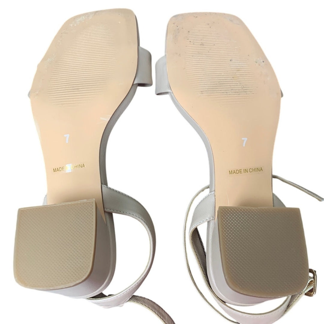 Teaieui Womens Size 7 Tan 2.5" Block Heel Open Toe Ankle Strap Sandal Shoes