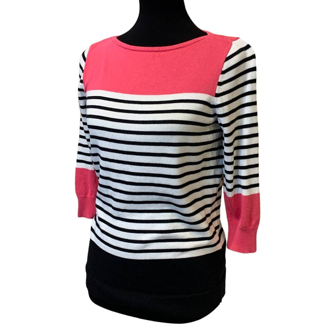 Chaps Medium 100% Cotton Pink Black White Striped 3/4 Sleeve Pullover Sweater