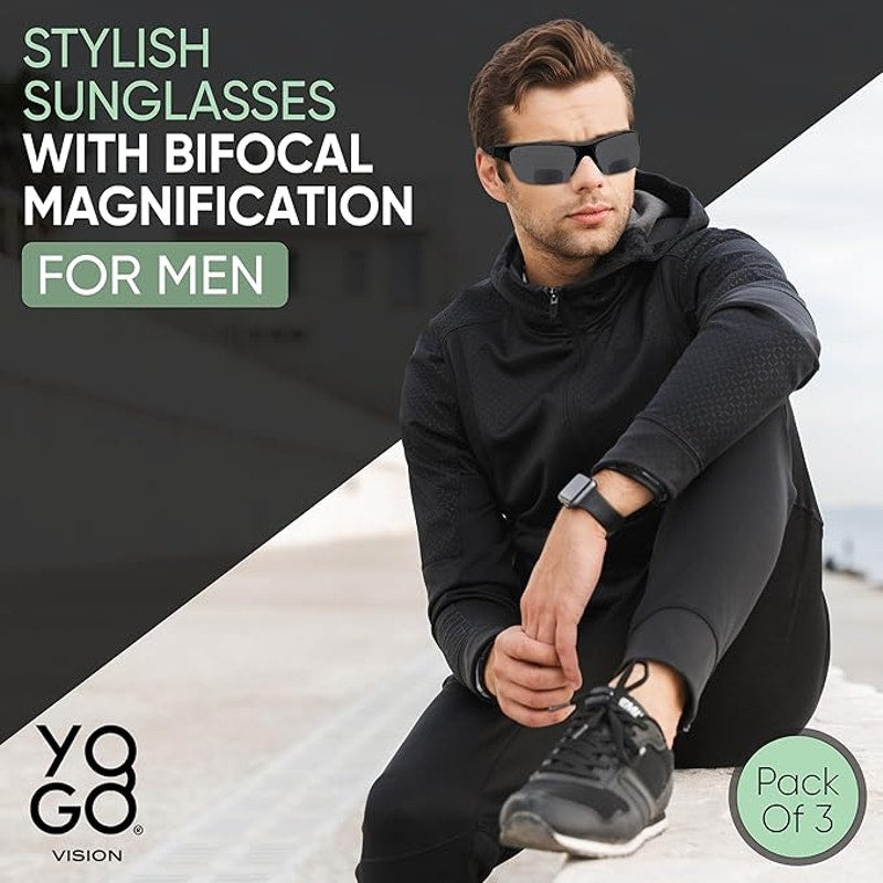 New Yogo Mens Black 2 Pack +1.50 Vision Bifocal Sports Wrap Around Sunglasses