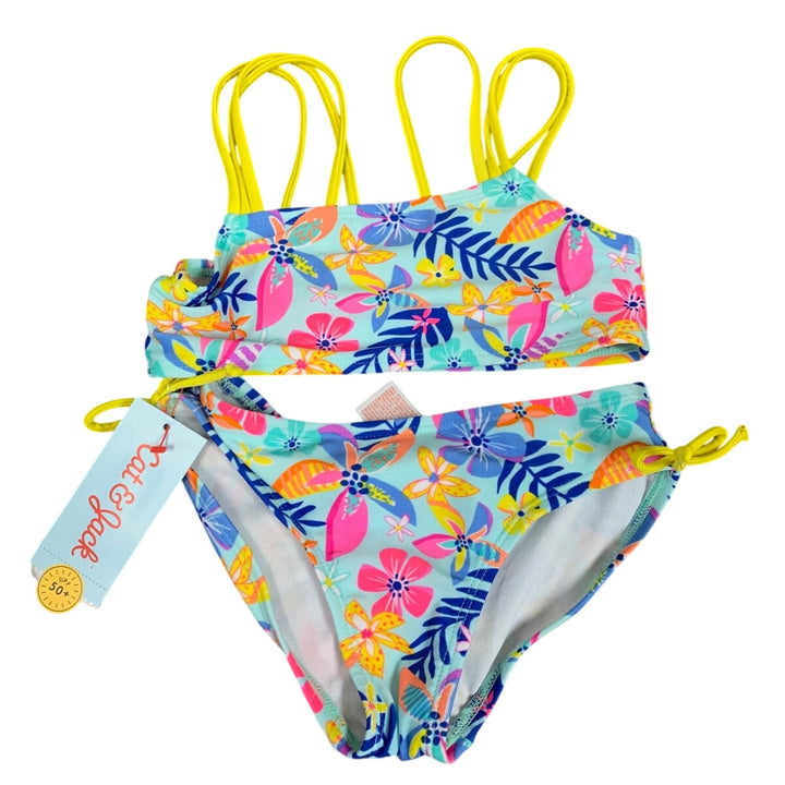 New Cat &amp; Jack Girls Small (6/7) UPF 50+ Blue Pink Floral Bikini 2PC Swimsuit