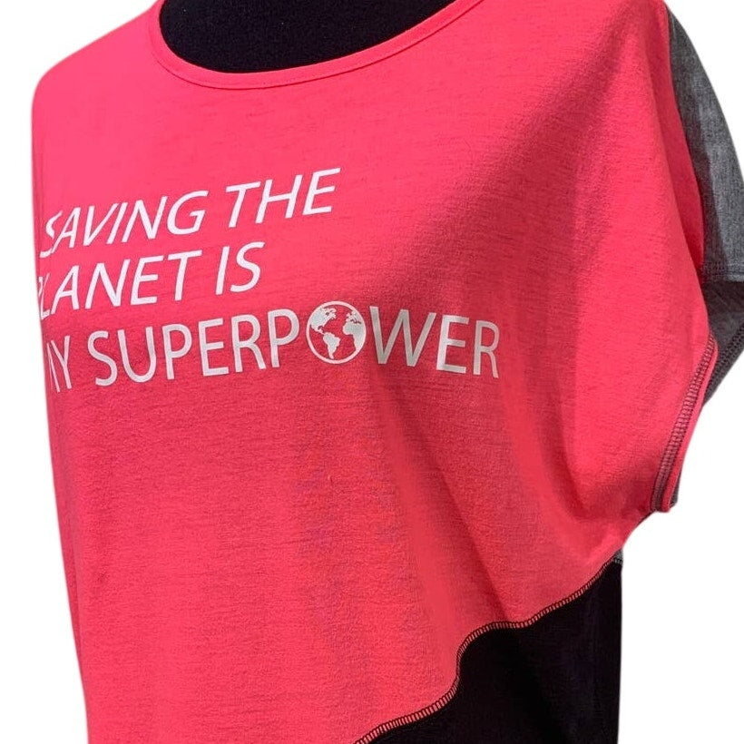 Hand Printed Upcycled Womens Large Saving the Planet Superpower Athletic Tee