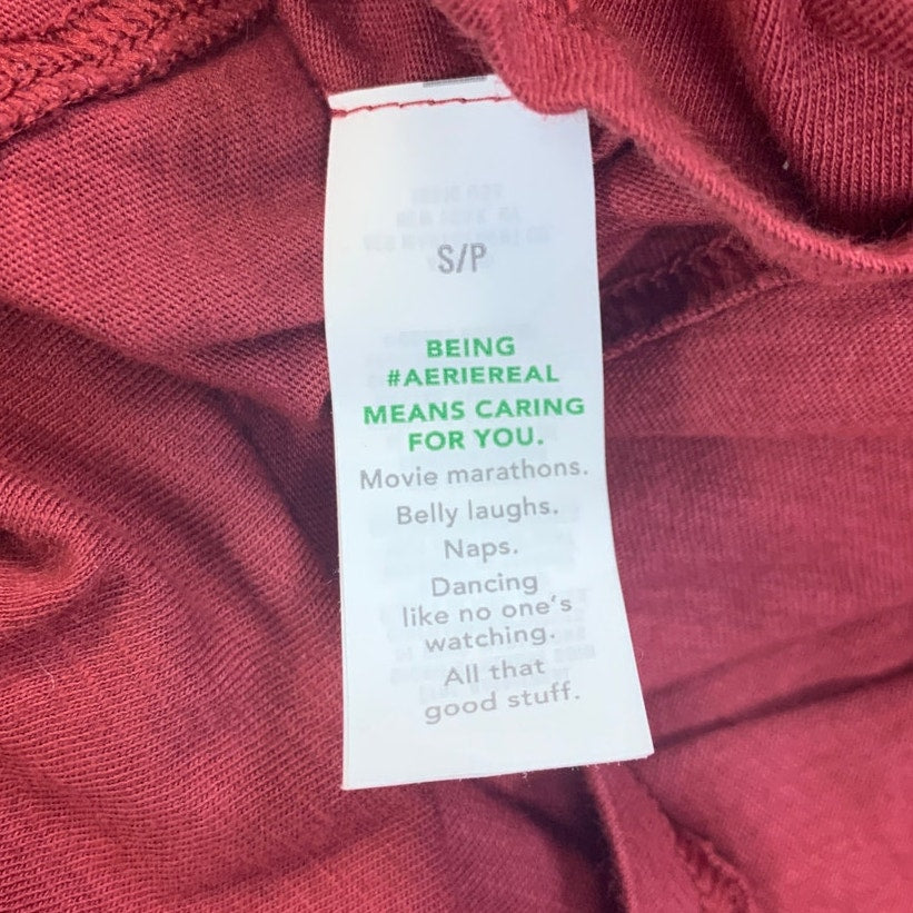 New Aerie Womens Small Red Long Sleeve PolyCotton Tee Shirt w White Ribbon