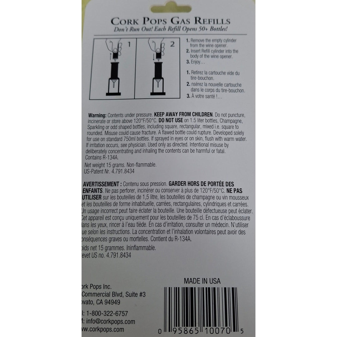 New Giovanni Collection Cork Pops CO2 Propelled Wine Bottle Opener w Refills