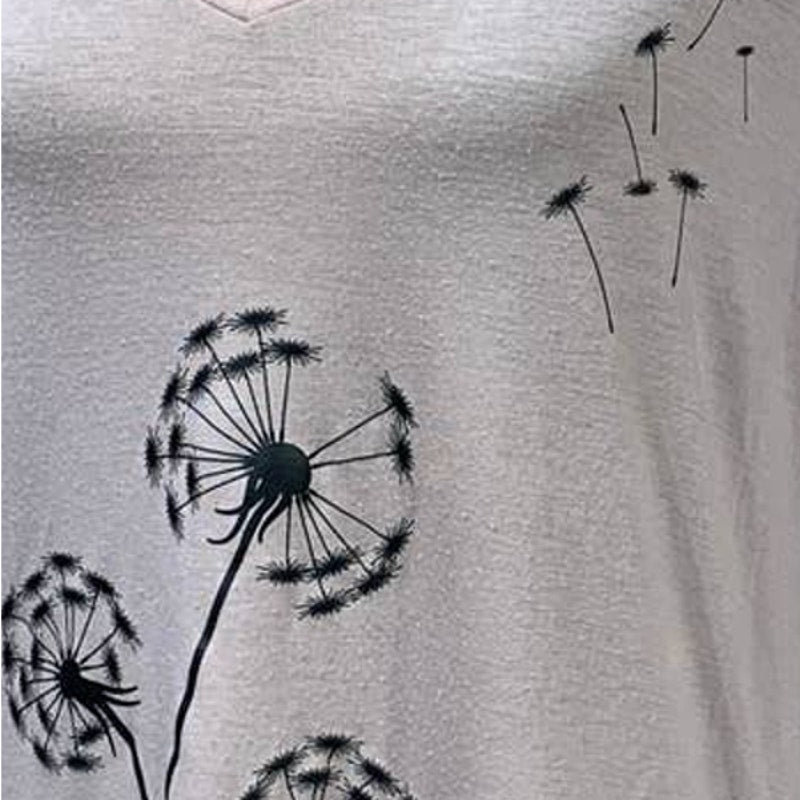 Hand Printed Upcycled Womens Small Dandelion Hi Low Short Sleeve Tee w Necklace
