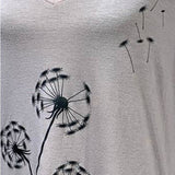 Hand Printed Upcycled Womens Small Dandelion Hi Low Short Sleeve Tee w Necklace