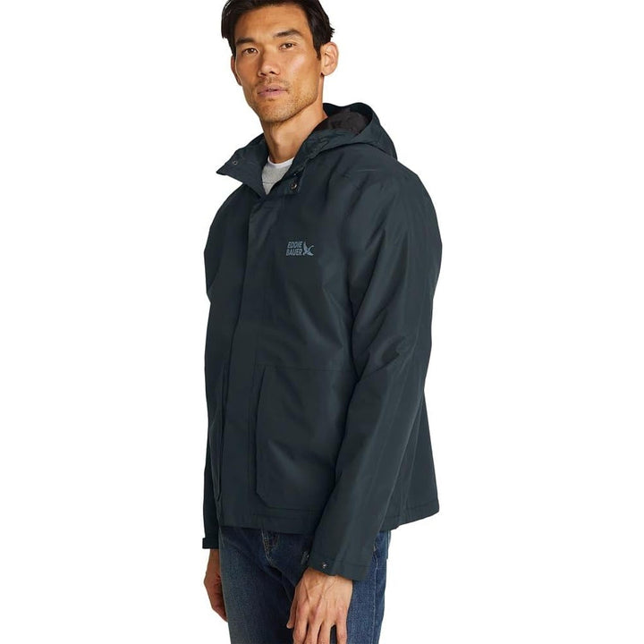 New Eddie Bauer Mens Black Gray Rainfoil Waterproof Packable Hooded Storm Jacket