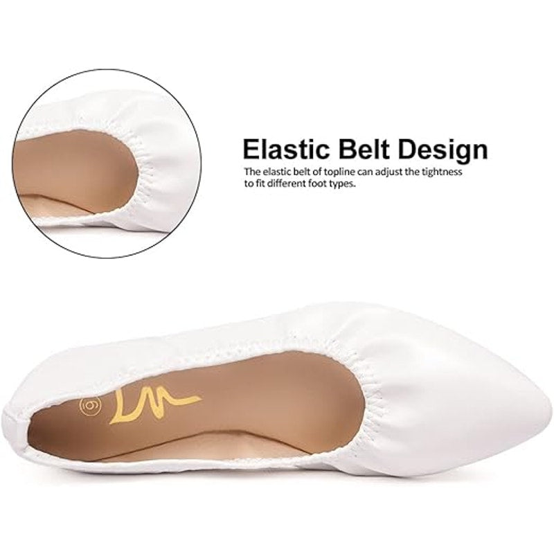 LM Women Size 7 White Faux Leather Elastic Pointy Toe Slide On Ballet Flat Shoes