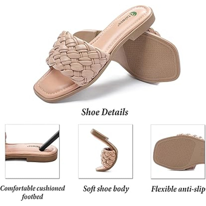 Ataiwee Womens Size 8 Tan Braided Faux Leather Slide On Open Toe Sandal Shoes