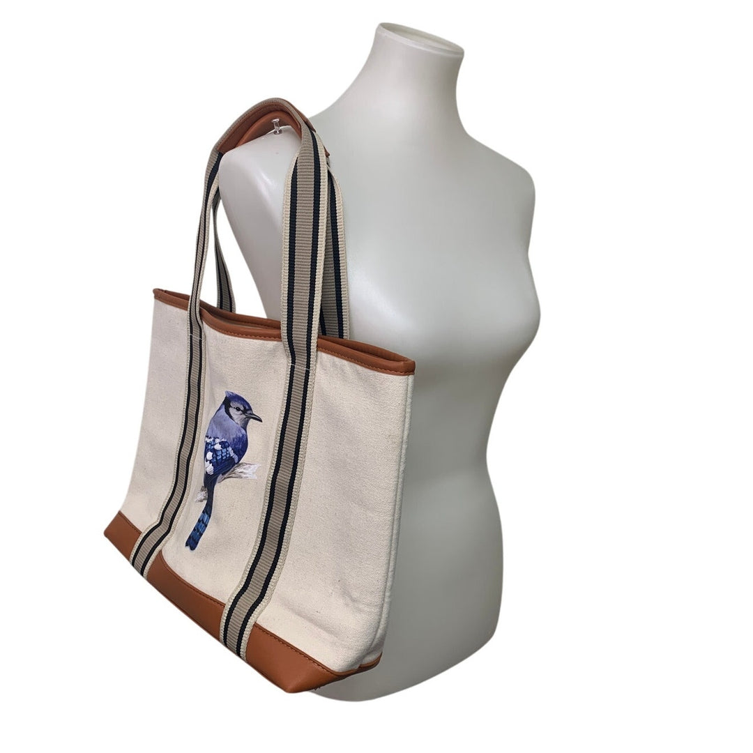 Upcycled Hand Printed Blue Jay Bird Canvas Double Handle Shoulder Tote Bag
