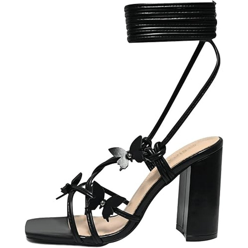 Sicare Womens 6 Black Butterfly Strappy 4" Block Heel Open Toe Ankle Wrap Shoes