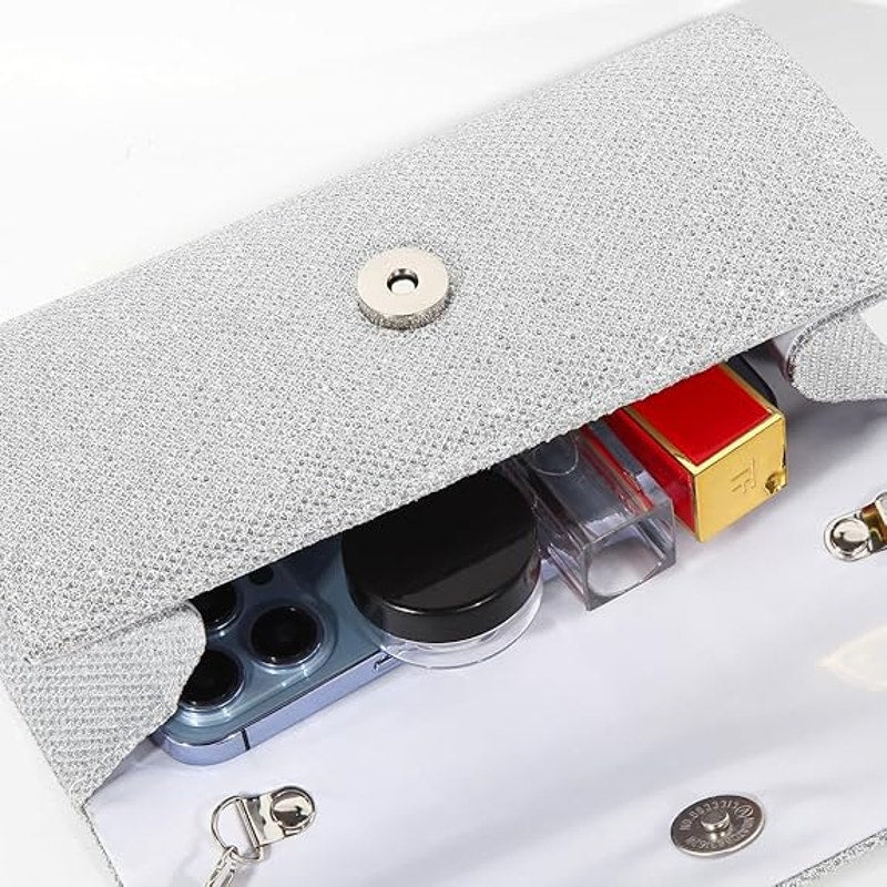 IovyoCoCo Womens Silver Glitter Magnetic Closure Chain Strap Handbag Clutch