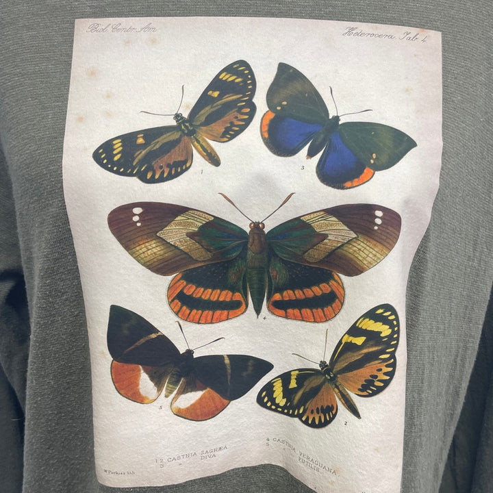 Hand Printed Upcycled Mens Medium Vintage Reference Book Butterfly Page Tee