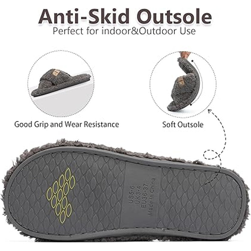 Goewy Womens Size 7-8 Gray Open Toe Fuzzy Memory Foam Slide On Slipper Shoes