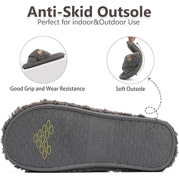 Goewy Womens Size 7-8 Gray Open Toe Fuzzy Memory Foam Slide On Slipper Shoes