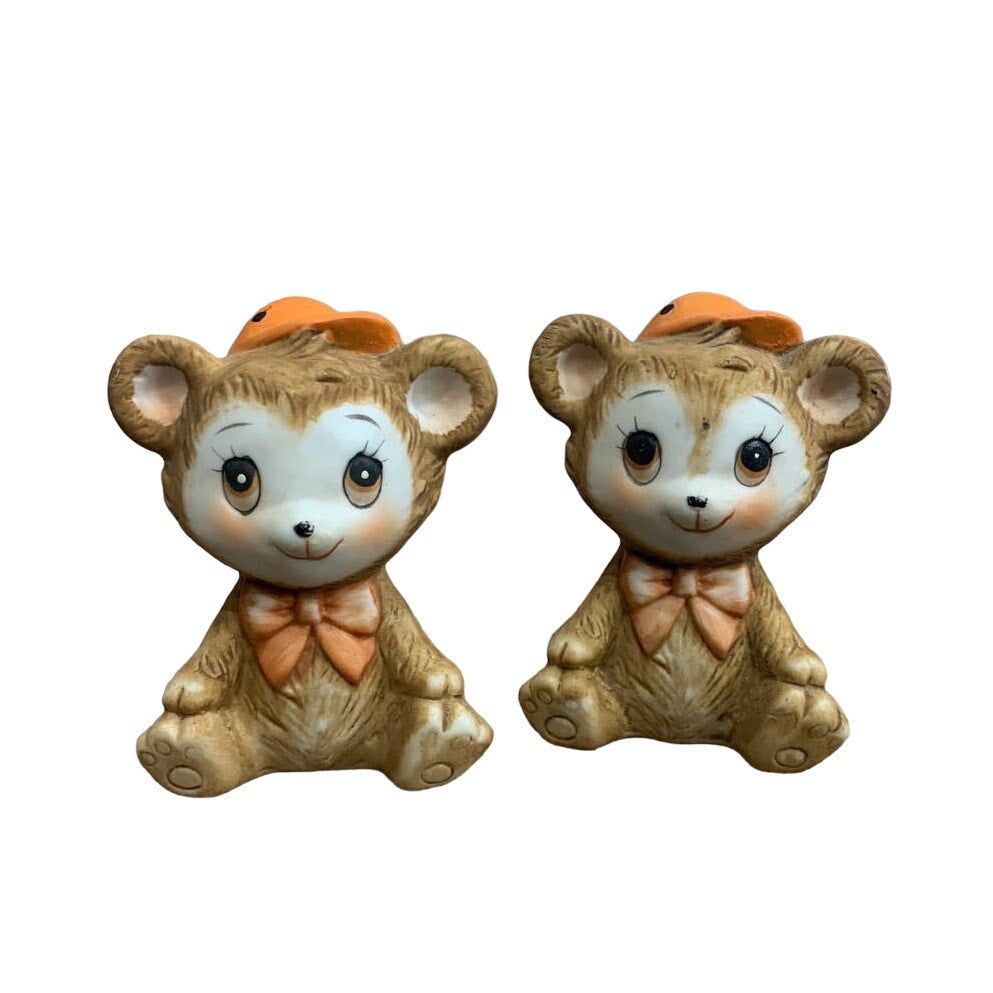 Vintage Tiawan Ceramic Teddy Bear Orange Baseball Cap Salt Pepper Shaker Set