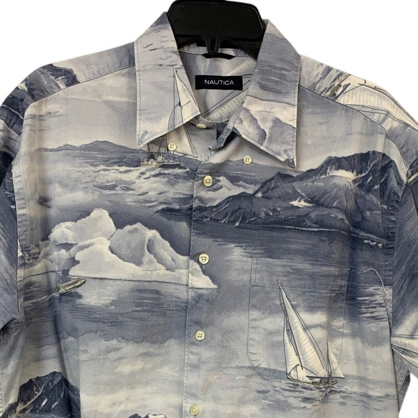 Nautica Mens Large 100% Cotton Boat Water Clouds Short Sleeve Button Up Shirt