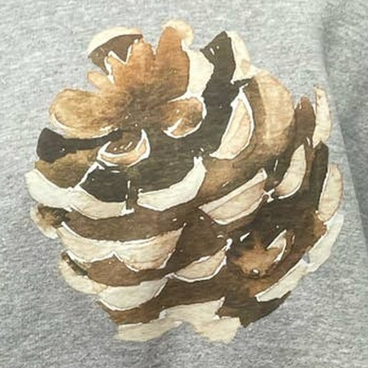 Hand Printed XL Upcycled Rustic Woody Pine Cone Long Sleeve Sweatshirt Hoodie