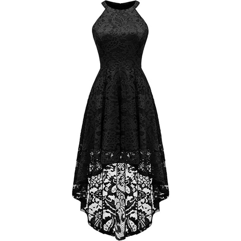 NWT New Dressystar Womens Medium Black Back Zip Lined Lace Halter High Lo Dress