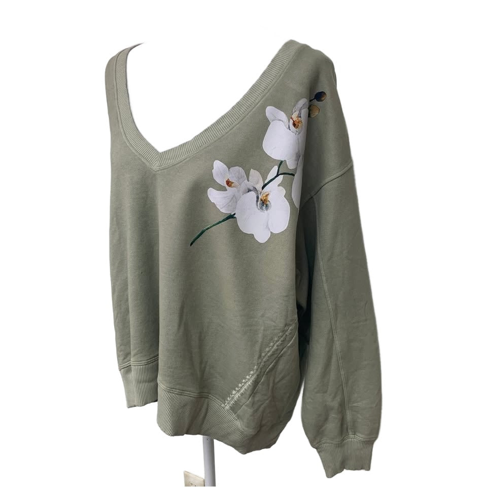 New Hand Printed Upcycled Womens Medium Orchid Flower Deep V Neck Sweatshirt