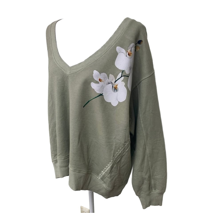 New Hand Printed Upcycled Womens Medium Orchid Flower Deep V Neck Sweatshirt