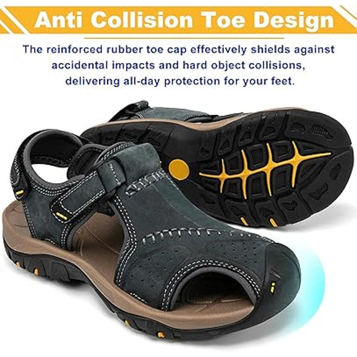New Mens 8 Blue Faux Leather Hook Loop Closed Toe Hiking Walking Sandal Shoes