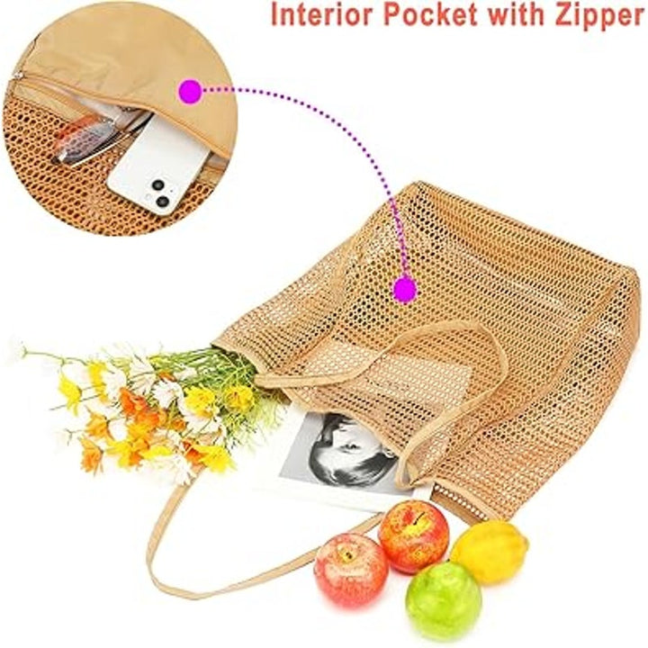 New Fammart Tan Double Handle Interior Zip Pocket Foldable Mesh Beach Tote Bag