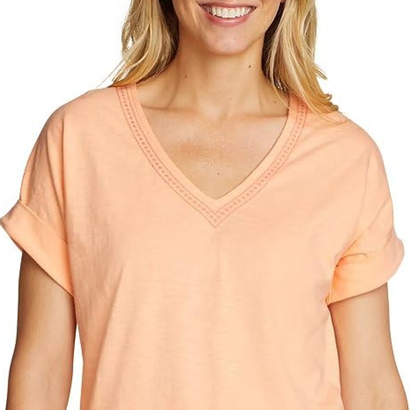 New Eddie Bauer Womens XS Peach Short Sleeve Daisy Slub V-Neck Cotton Tee Shirt