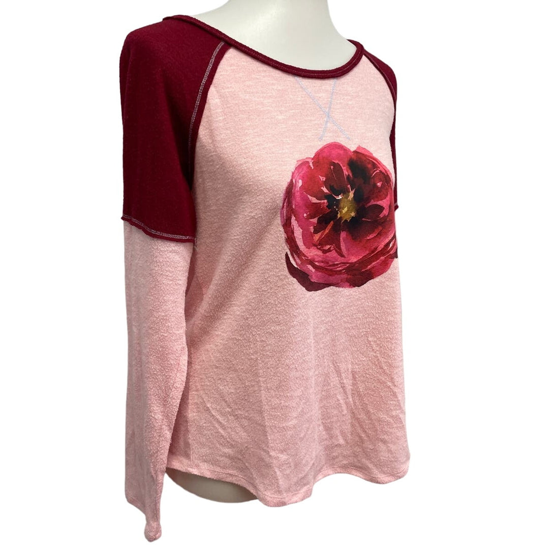 Hand Printed Upcycled Juniors Large Watercolor Peony Flower Long Sleeve Tee