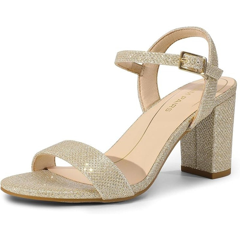 Dream Pairs Women 8 Gold Glitter 3" Block Heel Open Toe Ankle Strap Sandal Shoes