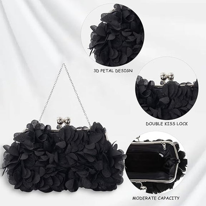New Jambhala Black Flower Petal Clutch Bag with Detachable Shoulder Chains