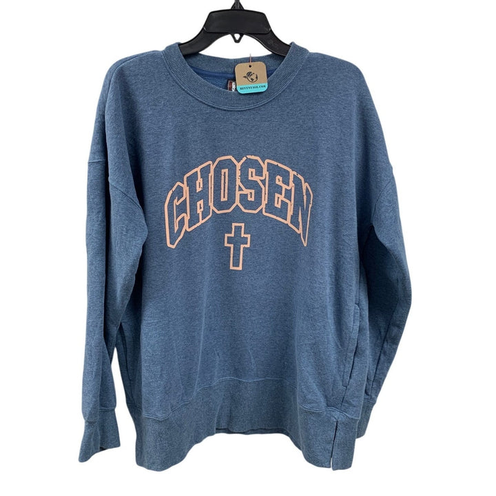 Upcycled Hand Printed Womens Large Jesus Chosen Cross Long Sleeve Sweatshirt