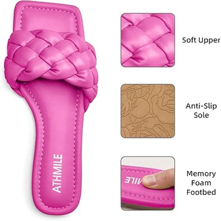 Athmile Womens Size 7 Hot Pink Braided Open Toe Slide On Dressy Beach Sandals