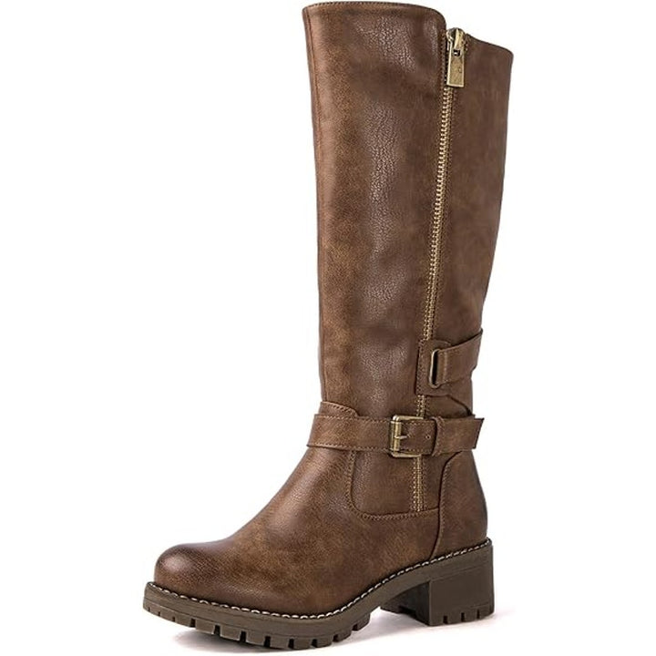 New Global Win Women Size 6.5 Brown Faux Leather Knee High Chunky Low Heel Boots
