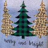 Hand Printed Medium Merry and Bright Plaid Leopard Spot Christmas Tree Tee