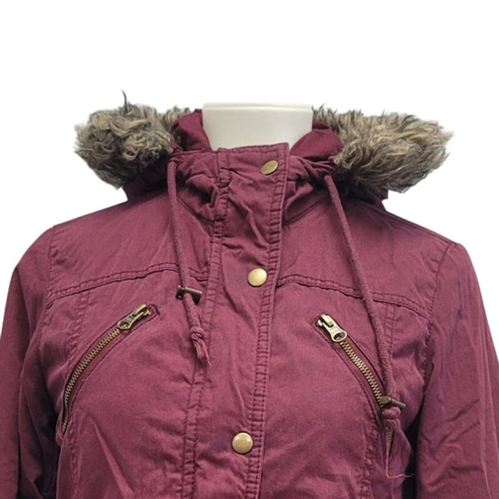Mossimo Womens Small Full Zip and Snap Faux Fur Hood Hooded Puffer Coat
