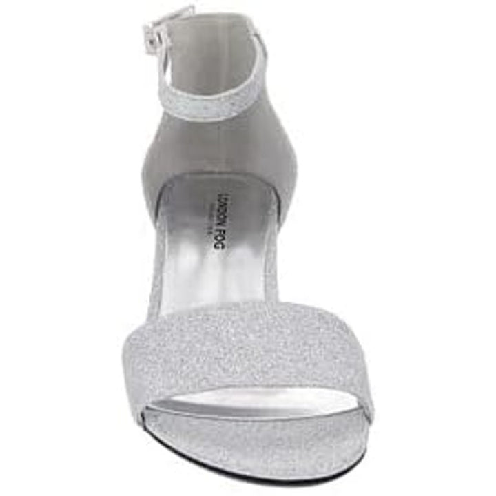 New London Fog Womens 7.5 Silver Glitter 2" Block Heel Open Toe Ankle Strap Shoe