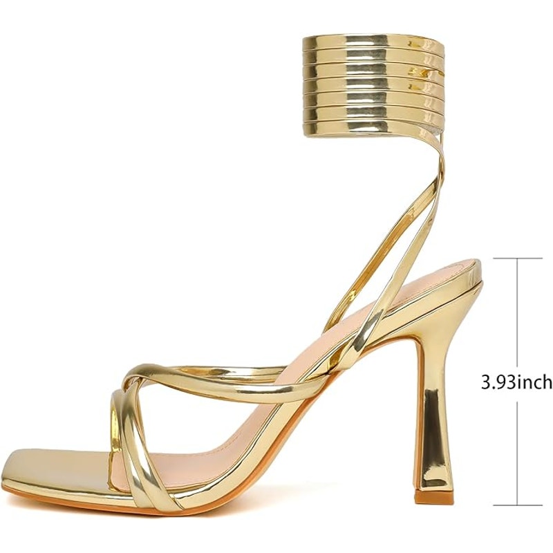 Mostrin Womens 9.5 Shiny Gold Strappy Open Toe 4" Heel Leg Wrap Sandal Shoes