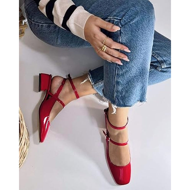 New Coutgo Womens Size 7.5 Shiny Red Mary Jane Chunky Low 1.5" Heels Shoes