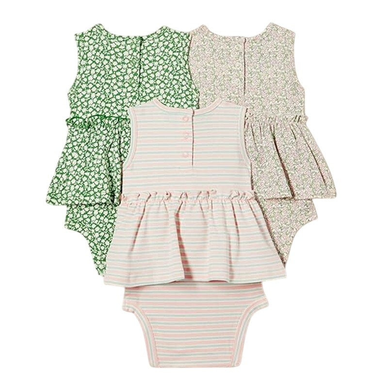 New 3-Pack Amazon Essentials Newborn Girls Green Pink Ruffled Bodysuit Dresses