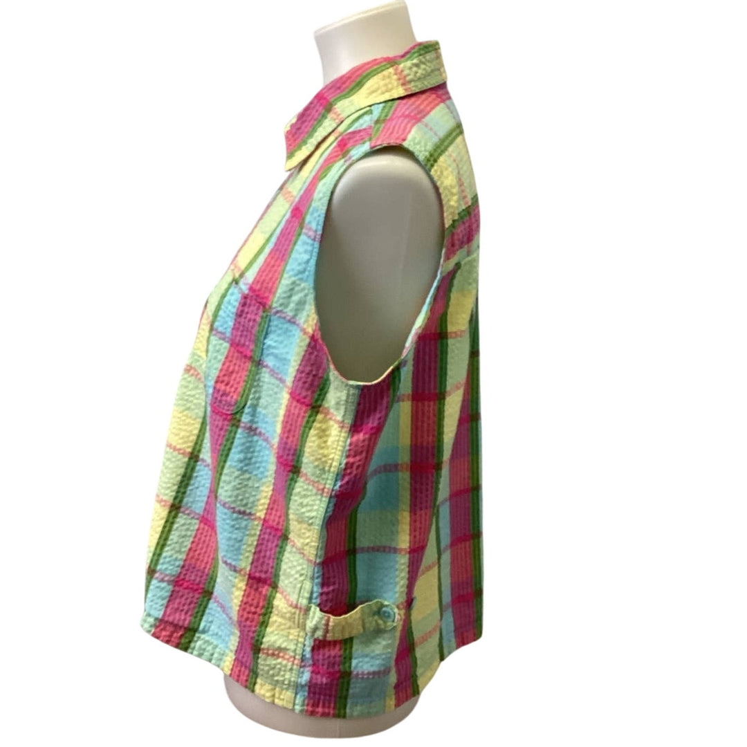Christopher &amp; Banks Large Full Zip Sleeveless Plaid Cotton Blend Shirt Tank Top