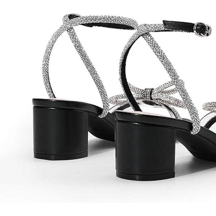 Dream Pairs Womens 9.5 Black Open Toe Clear Strap Bow 2.5" Block Heel Shoes