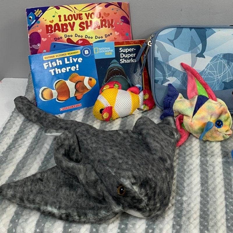 Lot of 11 Sting Ray Shark Fish Aquatic Plush Toys Books Blanket Preloved Toys