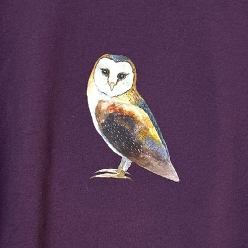 Upcycled Hand Printed Womens XL Woodland Owl Bird Long Sleeve Sweatshirt