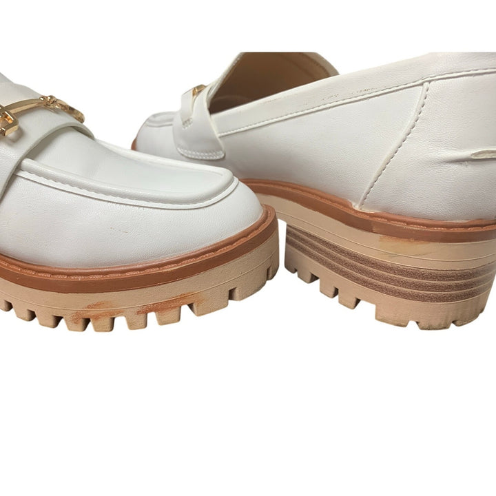 Vetaste Womens Size 8 White Faux Leather Platform Chunky Heel Loafers Shoes