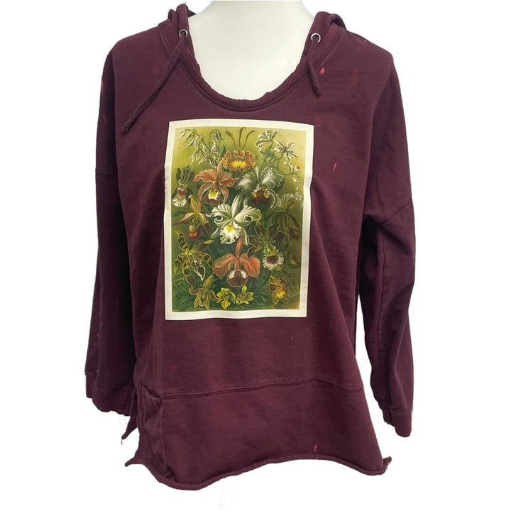 Hand Printed Upcycled Womens Large Vintage Orchid Botanical Flower Hoodie