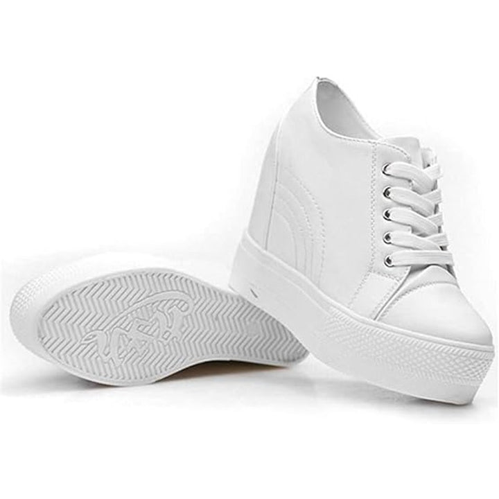 New Womens Size 6 White Faux Leather 4" Hidden Heel Lace Up Wedge Sneakers Shoes