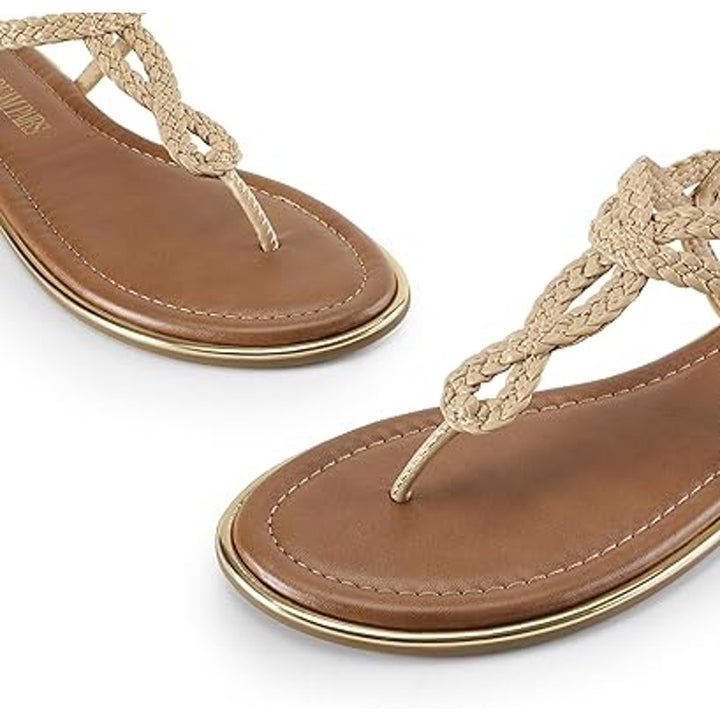Dream Pairs Womens Size 8 Tan Gold Woven Elastic Heel Thong Flat Sandals Shoes