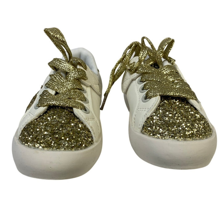 Qimaoo Toddler Girls Size 9.5 Gold Glitter Sneakers Lace Up Round Toe Shoes