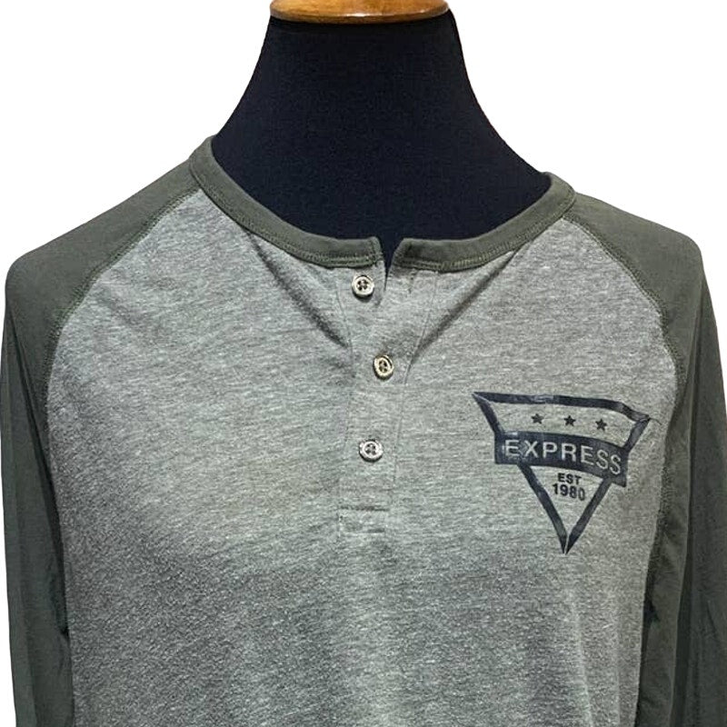 Express Mens Large 1/4 Button Long Sleeve Cotton Blend Baseball Raglan Tee Shirt