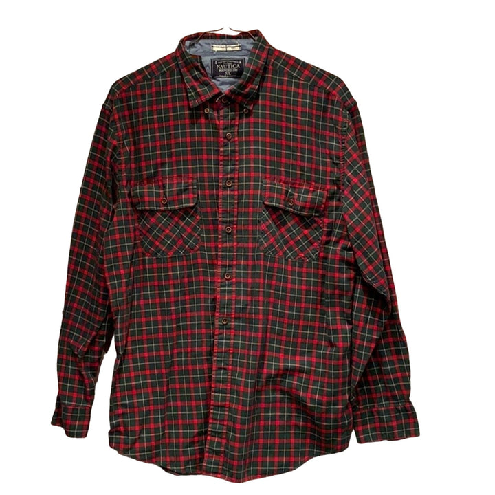Nautica Mens XL Red Green Plaid 100% Cotton Long Sleeve Button Down Casual Shirt